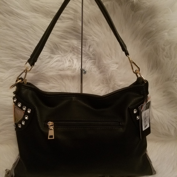 BEIGE AND BLACK SPARKLING FRINGE PLAID PRINT SHOULDER BAG - Picture 4 of 11